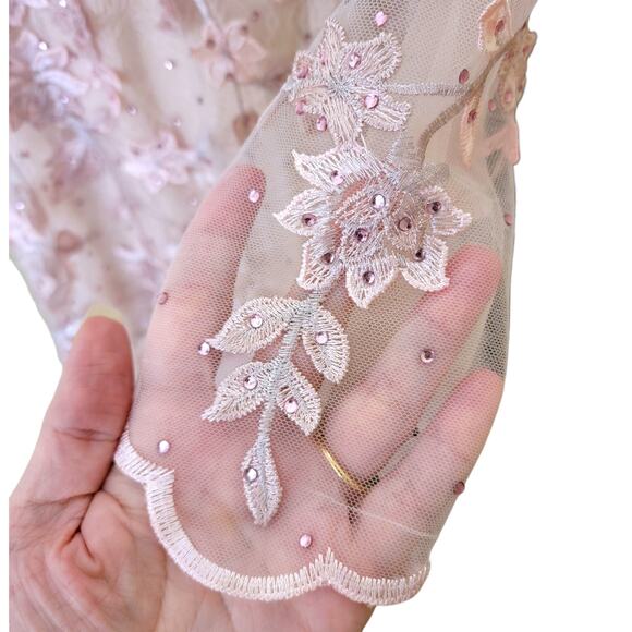 Mac Duggal 70224 Pink Floral Applique Long Sleeve Illusion Gown 10 - Picture 4 of 10